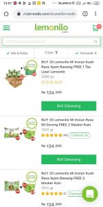 Produk dan berbagai paket yang ditawarkan untuk pembelian mie instan lemonilo pada web resminya