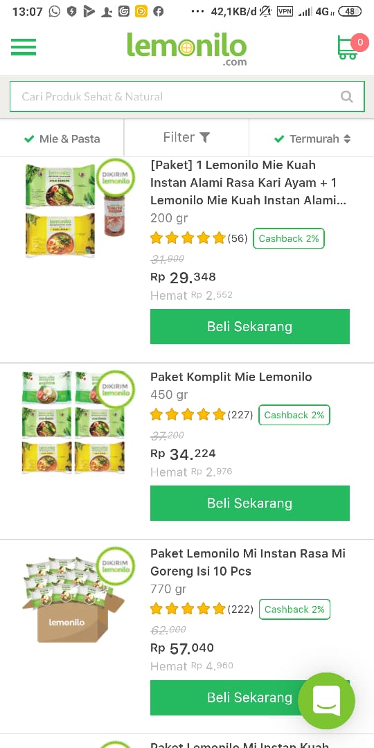 Produk dan berbagai paket yang ditawarkan untuk pembelian mie instan lemonilo pada web resminya